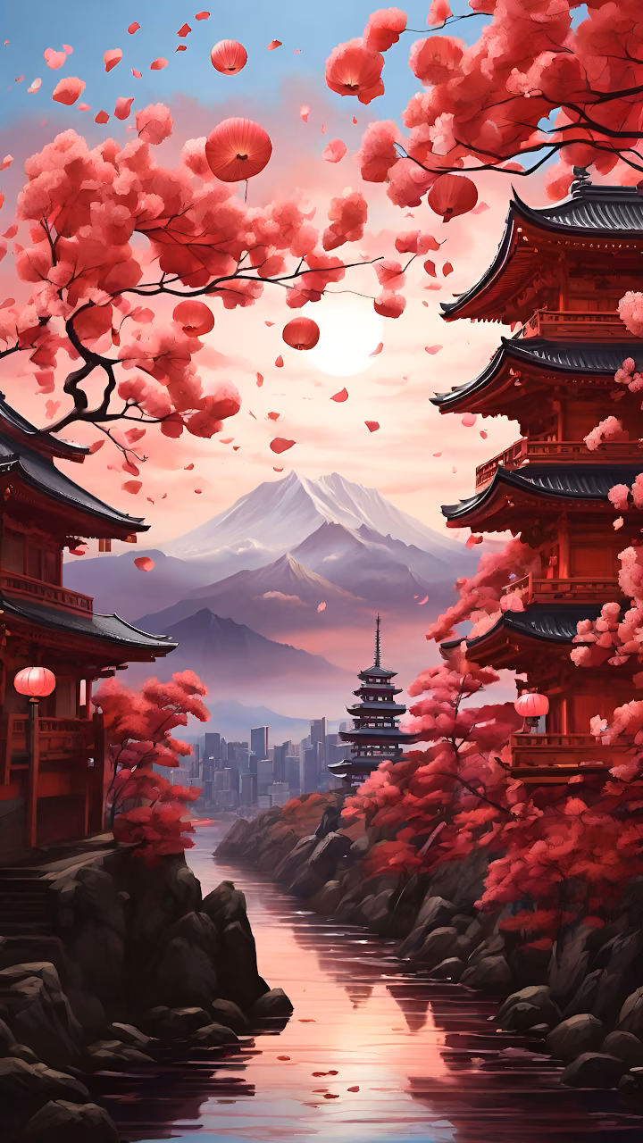 Japanese Pagoda Mount Fuji Cherry Blossom River - Free Mobile AMOLED Wallpaper Background