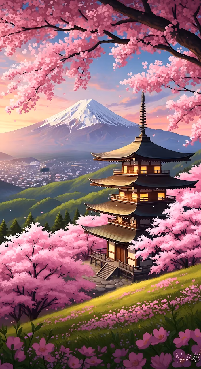 Japanese Pagoda in Pink Cherry Blossom Landscape Painting - Free Mobile AMOLED Wallpaper Background