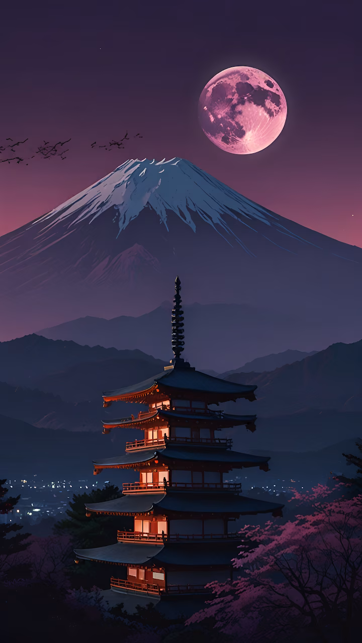 Download Japanese Pagoda Under Pink Moon with Snowy Mount Fuji Wallpaper in Mobile HD Japanese Pagoda Under Pink Moon with Snowy Mount Fuji - Free Mobile AMOLED Wallpaper Background