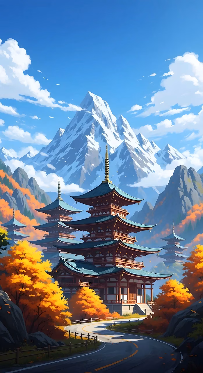 Japanese Pagodas Against Snowcapped Mountains in Autumn - Free Mobile AMOLED Wallpaper Background