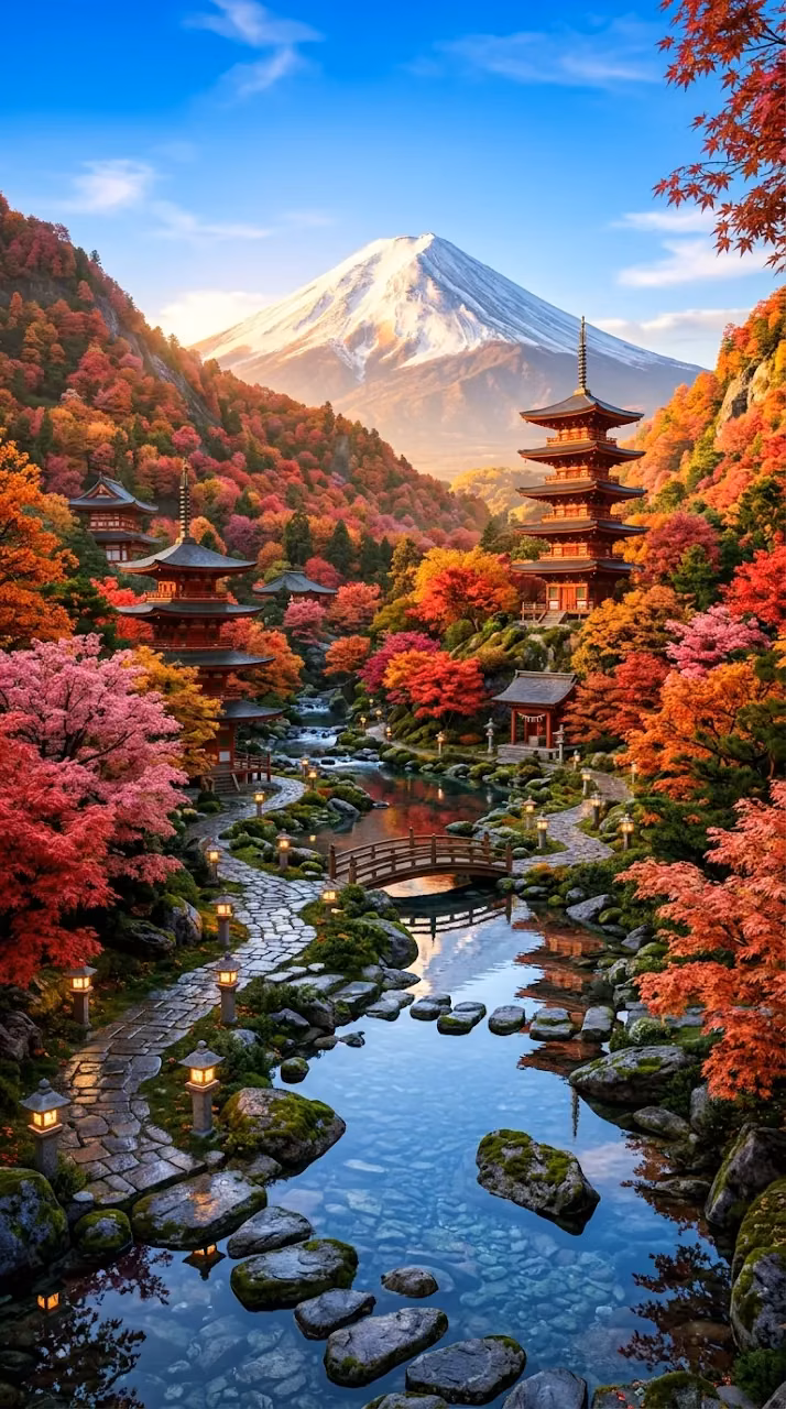 Japanese Pagodas and Red Trees by a River with Mt. Fuji - Free Mobile AMOLED Wallpaper Background