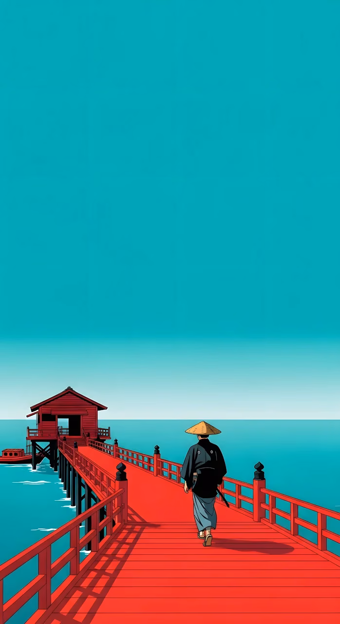 Japanese Ronin Walking Red Pier Teal Sky Illustration - Free Mobile AMOLED Wallpaper Background