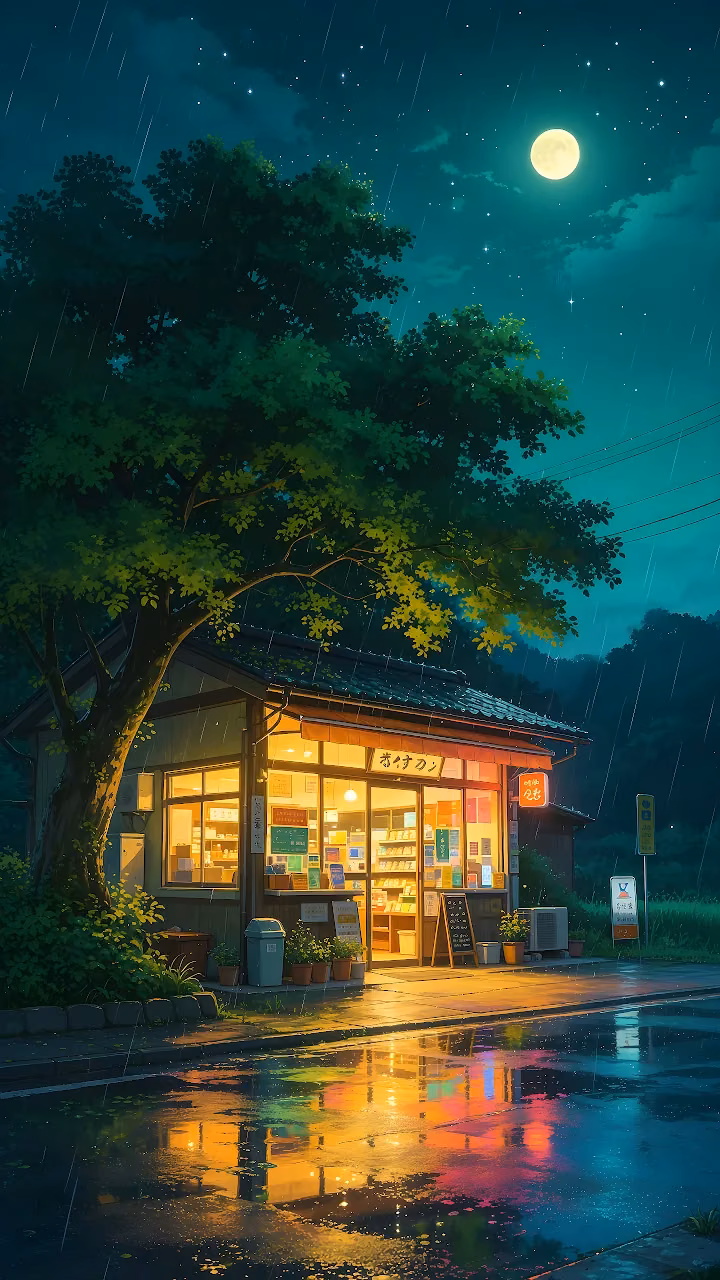 Download Japanese Night Store Rainy Moonlit 4K Wallpaper in Mobile HD Illuminated Japanese convenience store at night in the rain beside a large green tree under a glowing full moon.
