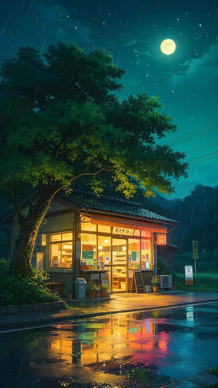 Download Japanese Night Store Rainy Moonlit 4K Wallpaper in Mobile HD Illuminated Japanese convenience store at night in the rain beside a large green tree under a glowing full moon.