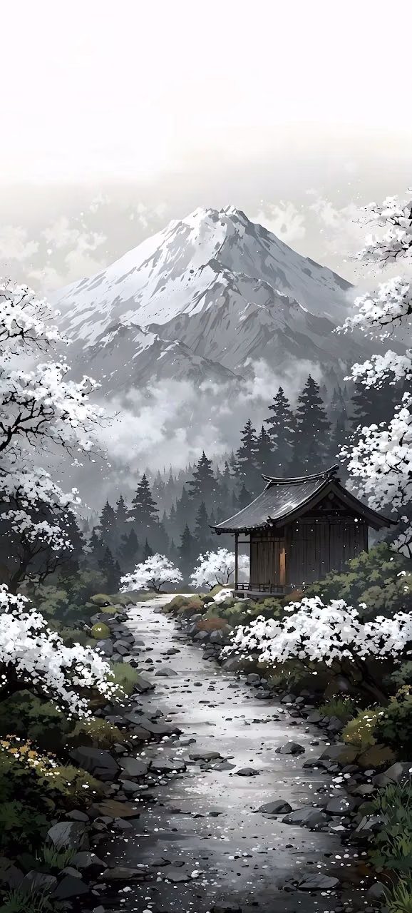 Japanese Shrine and Stream with Snow Capped Mountain - Free Mobile AMOLED Wallpaper Background