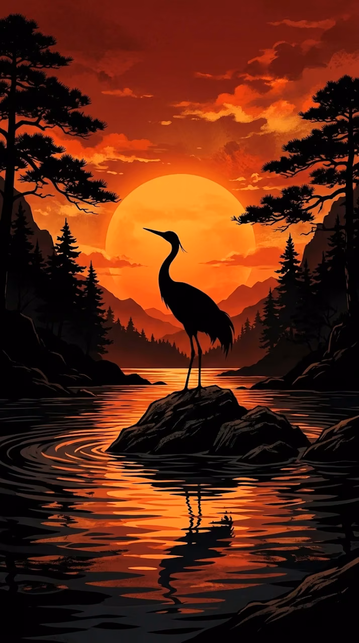 Download Japanese Style Illustration of a Crane Silhouette Standing in Front of a Giant Sun Wallpaper in Mobile HD Japanese Style Illustration of a Crane Silhouette Standing in Front of a Giant Sun - Free Mobile AMOLED Wallpaper Background