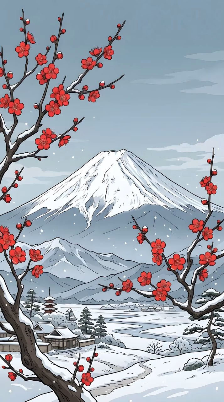 Download Japanese-Style Illustration of Red Blossoms and a Snowy Mountain Peak Wallpaper in Mobile HD Japanese-Style Illustration of Red Blossoms and a Snowy Mountain Peak - Free Mobile AMOLED Wallpaper Background