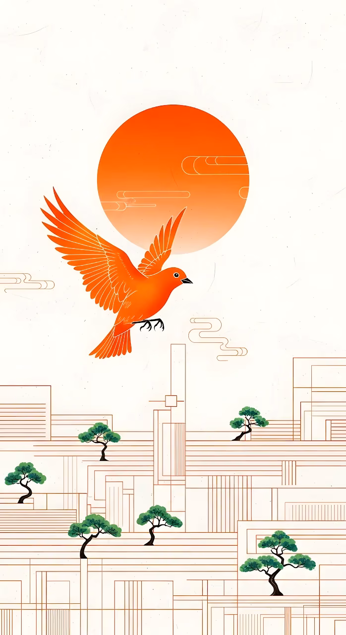 Japanese Style Orange Bird Flying Over Minimalist City - Free Mobile AMOLED Wallpaper Background