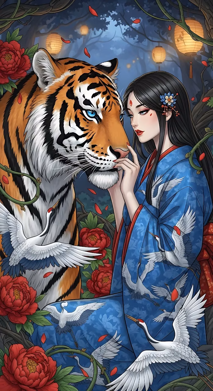 Japanese Woman Tiger Blue Kimono Peony Forest Art - Free Mobile AMOLED Wallpaper Background