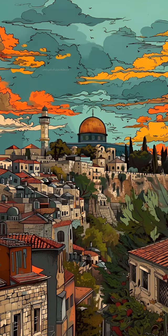 Download Jerusalem Cityscape Dome of the Rock Graphic Art Sunset Wallpaper in Mobile HD Jerusalem Cityscape Dome of the Rock Graphic Art Sunset - Free Mobile AMOLED Wallpaper Background