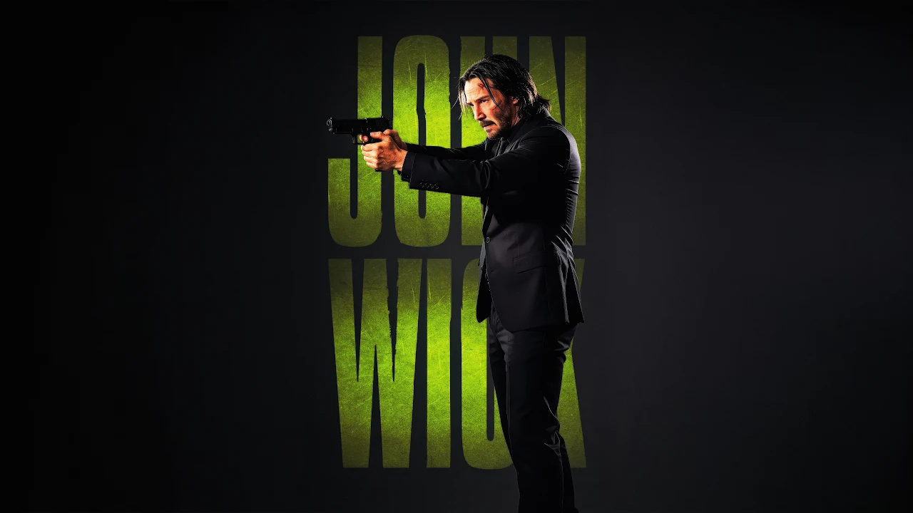 Download John Wick Aiming Handgun Dark Neon 4K Wallpaper in 4K UHD John Wick in a black suit aiming a handgun with textured yellow-green typography behind him on a dark backdrop.