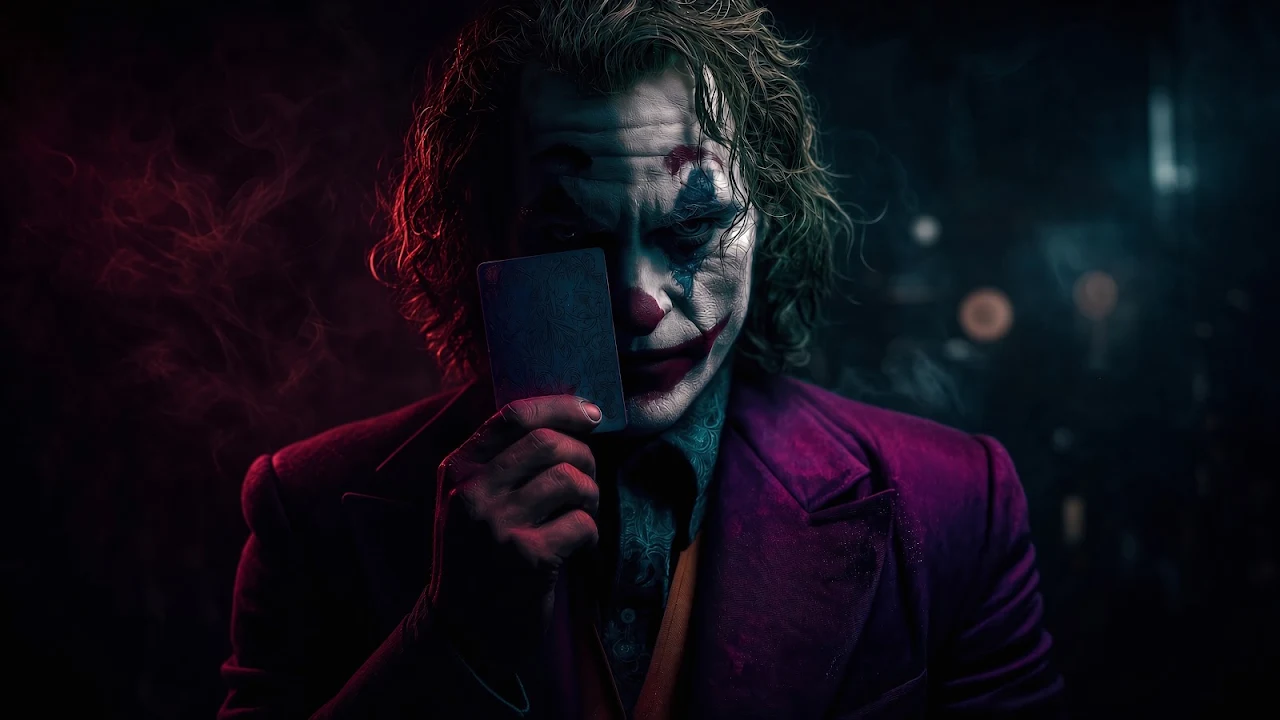 Download Joker Holding Card Shadow Portrait 4K Wallpaper in 4K UHD A man in Joker clown makeup and magenta suit holding a playing card in front of his face amid red smoke.