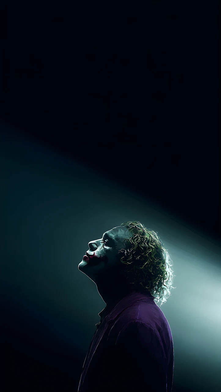 Download The Joker Upward Spotlight Cinematic HD Wallpaper in Mobile HD Side profile of The Joker looking up toward a bright spotlight against a dark background.