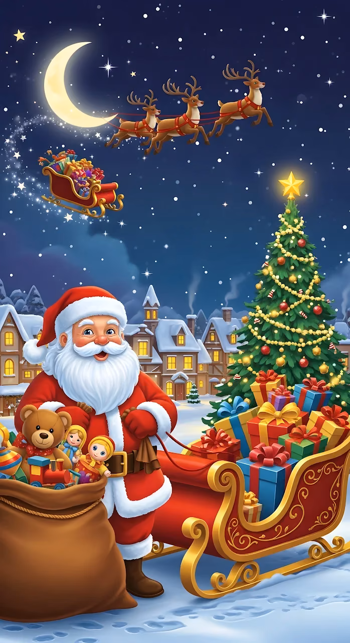 Jolly Santa Claus Sleigh Full of Toys Christmas Eve Village Scene - Free Mobile AMOLED Wallpaper Background
