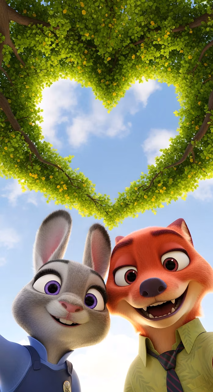 Download Judy Hopps Nick Wilde Zootopia Selfie Heart Tree Canopy Wallpaper in Mobile HD Judy Hopps Nick Wilde Zootopia Selfie Heart Tree Canopy - Free Mobile AMOLED Wallpaper Background