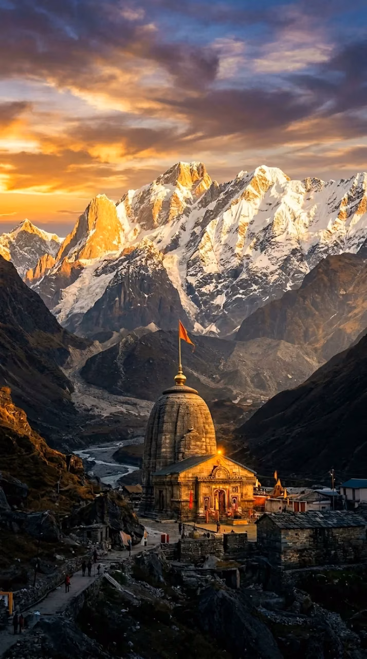 Kedarnath Temple Bathed in Sunset Golden Light - Free Mobile AMOLED Wallpaper Background