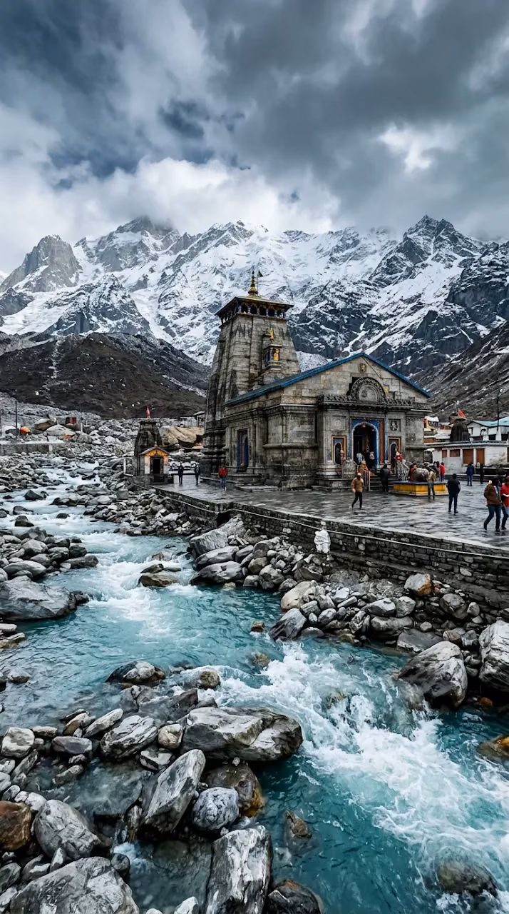 Kedarnath Temple in the Himalayas Beside a Rushing River - Free Mobile AMOLED Wallpaper Background