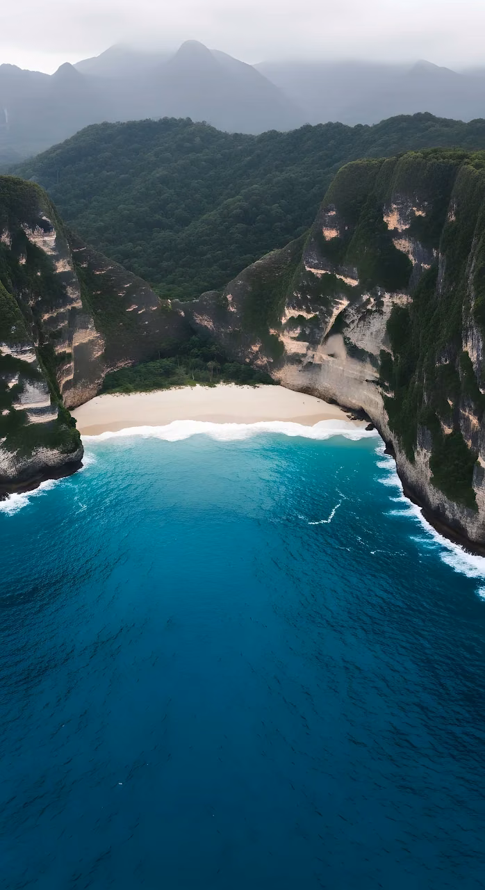 Kelingking Beach Bali Aerial View Steep Cliffs Turquoise Ocean - Free Mobile AMOLED Wallpaper Background