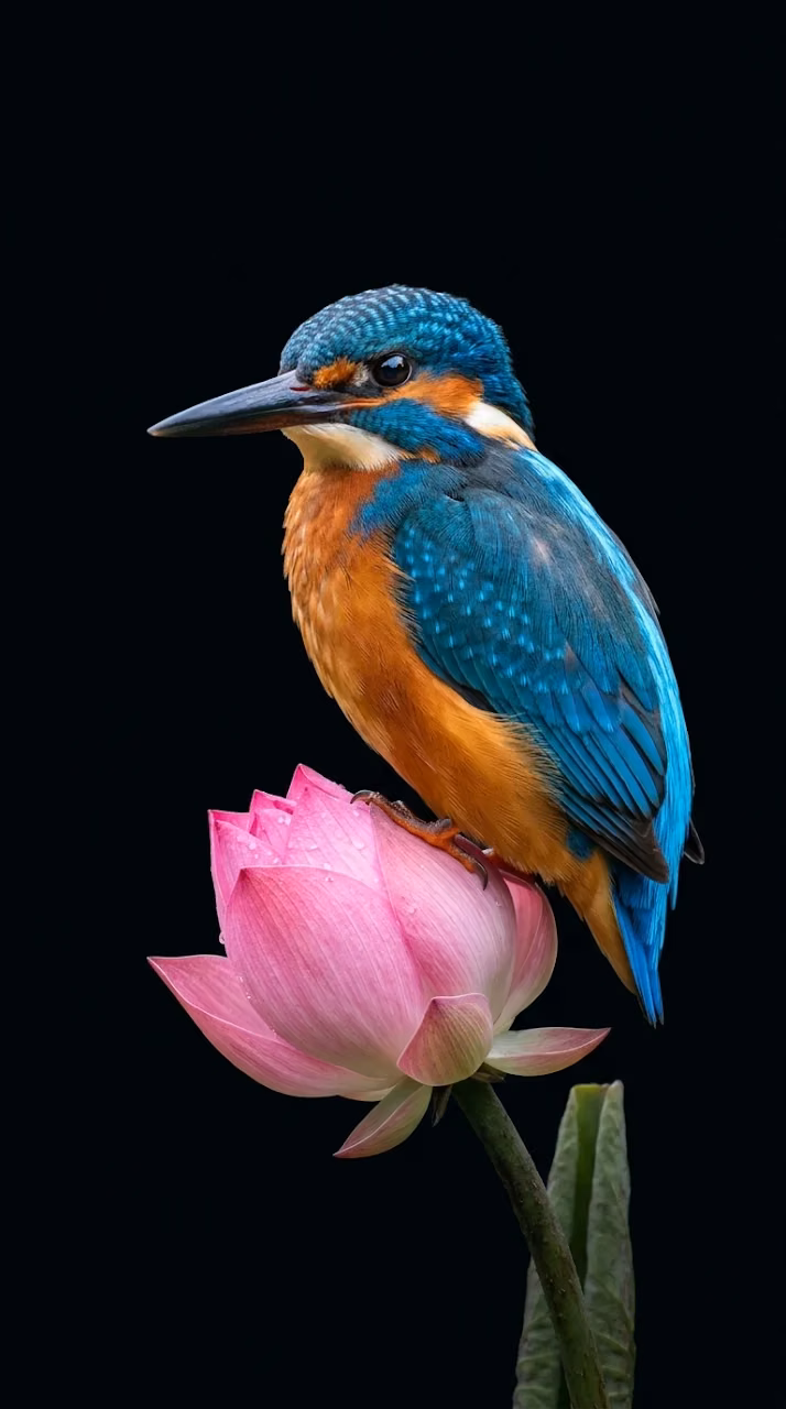 Kingfisher Bird Perched on a Pink Lotus Bud in Darkness - Free Mobile AMOLED Wallpaper Background
