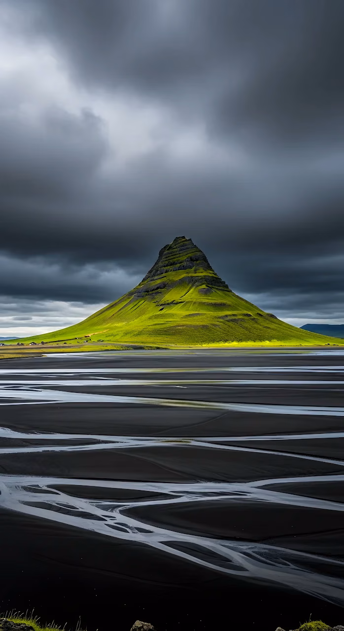 Kirkjufell Mountain Iceland Dramatic Green Black Landscape - Free Mobile AMOLED Wallpaper Background