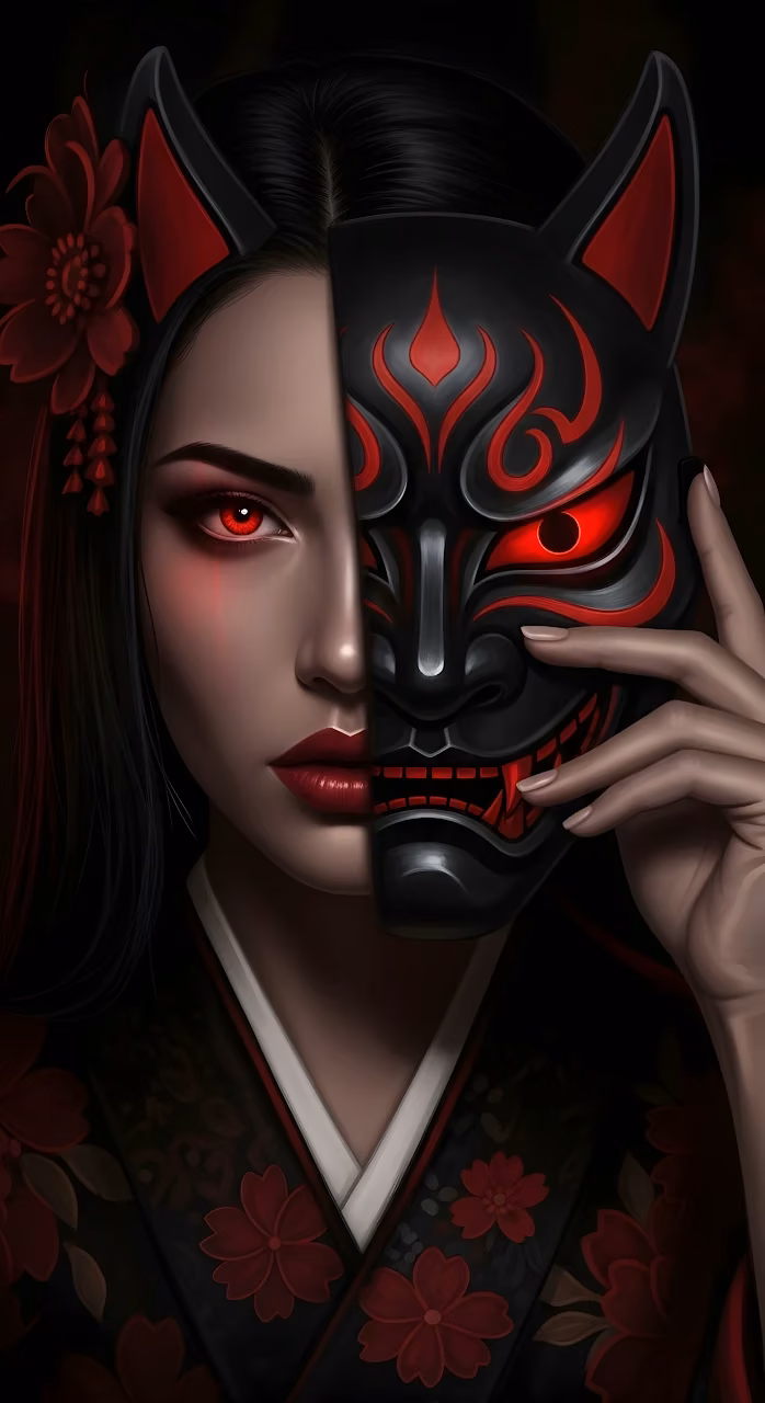 Kitsune Mask Portrait in Black and Crimson Kimono - Free Mobile AMOLED Wallpaper Background