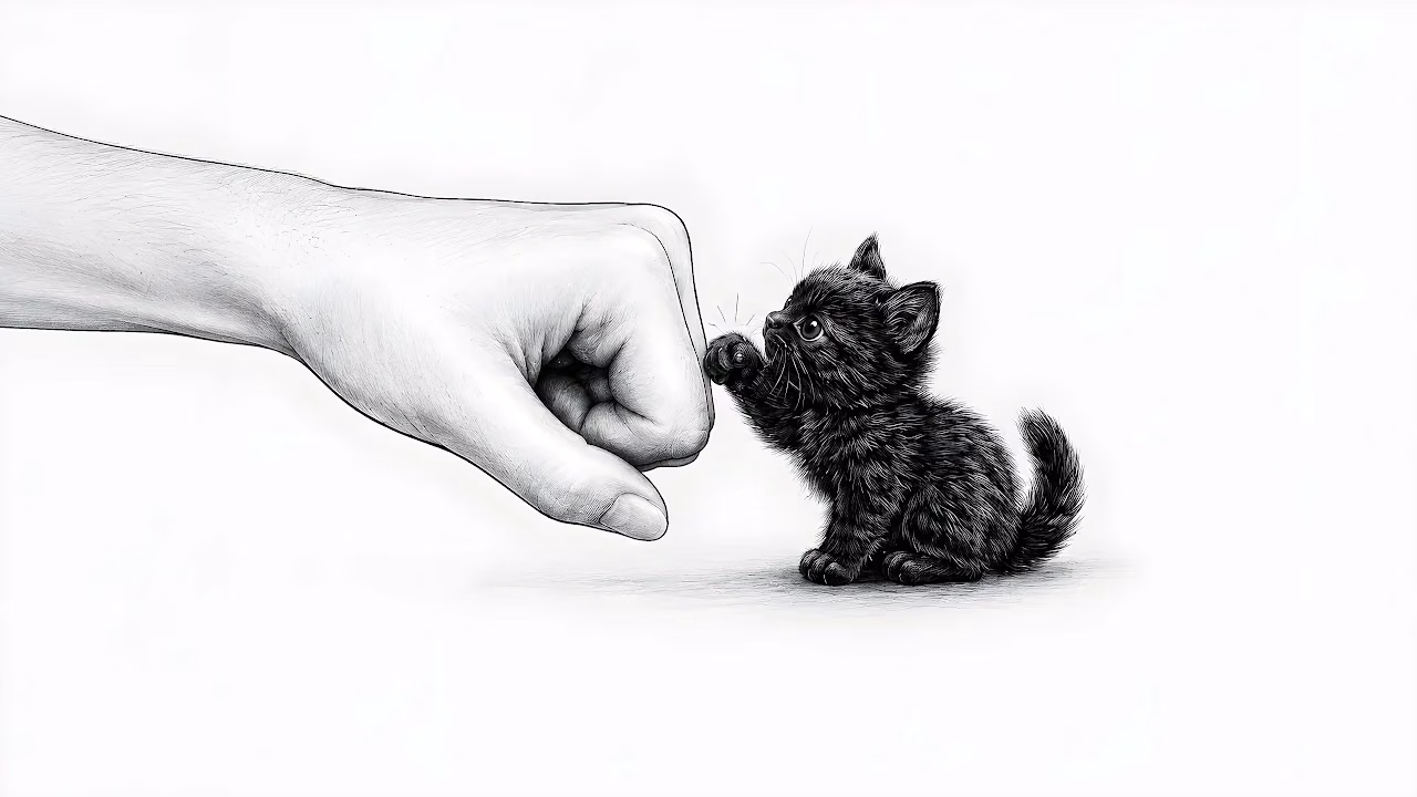 Download Kitten Fist Bump Charcoal Sketch HD Wallpaper in 4K UHD Pencil drawing of a small black kitten bumping paws with a human fist against a plain white background.