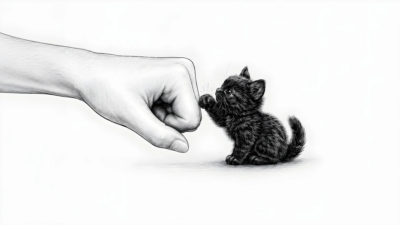 Download Kitten Fist Bump Charcoal Sketch HD Wallpaper in 4K UHD Pencil drawing of a small black kitten bumping paws with a human fist against a plain white background.