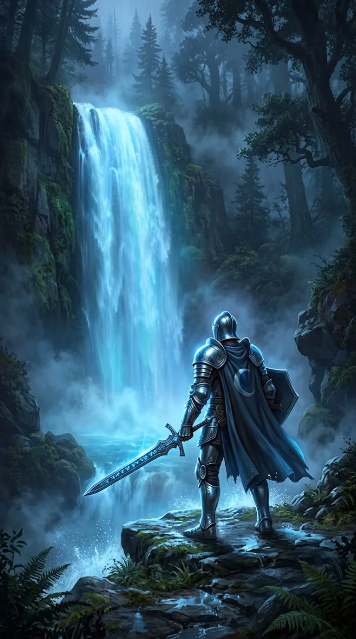 Download Knight in Shining Armor Before a Glowing Blue Waterfall Wallpaper in Mobile HD Knight in Shining Armor Before a Glowing Blue Waterfall - Free Mobile AMOLED Wallpaper Background