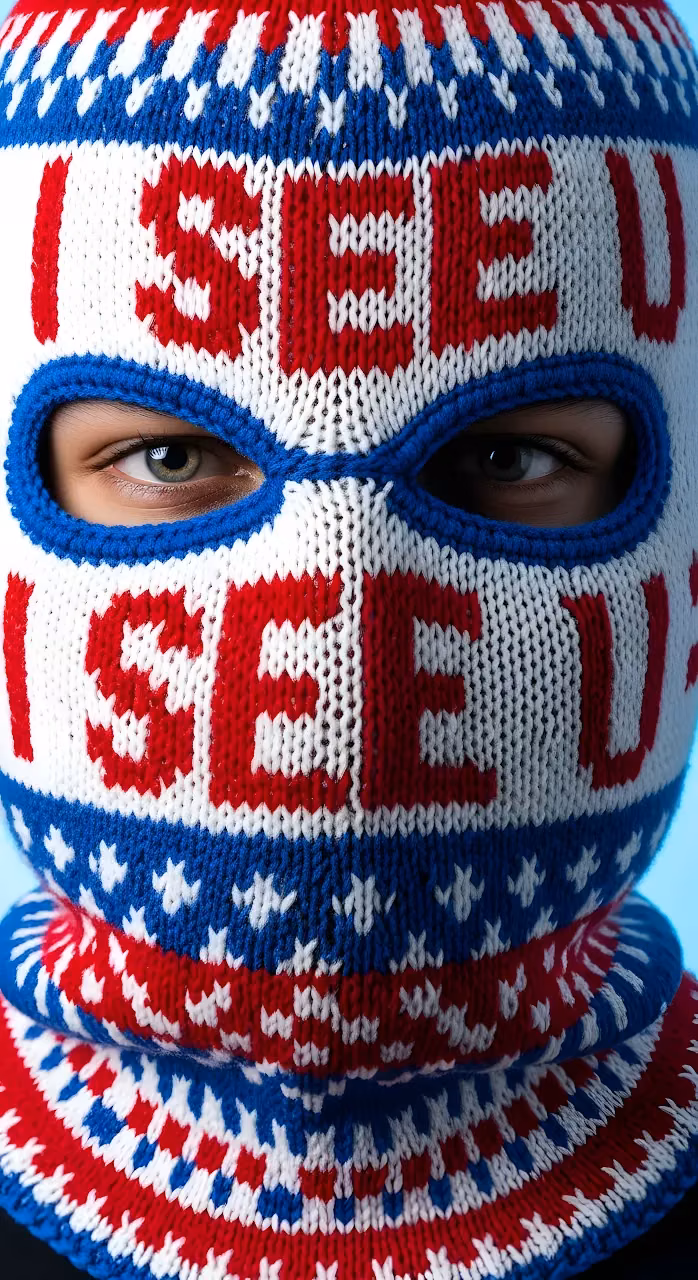 Knitted Balaclava Mask Close-up with Red White Blue Text - Free Mobile AMOLED Wallpaper Background