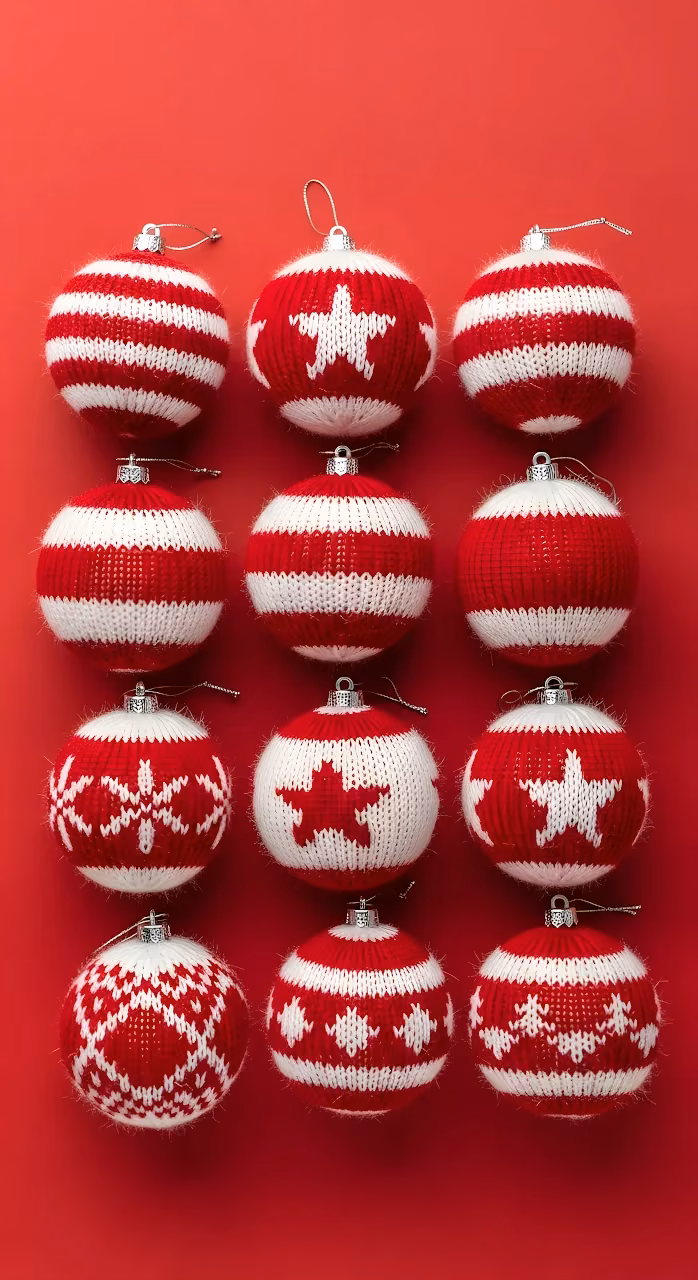 Knitted Red White Christmas Baubles Grid Pattern - Free Mobile AMOLED Wallpaper Background