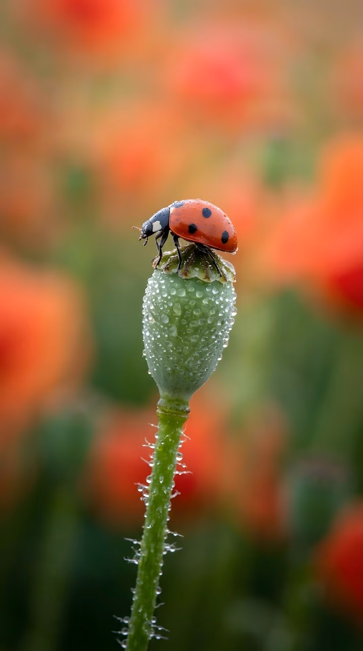 Download Ladybug on a Dewy Poppy Seed Head Wallpaper in Mobile HD Ladybug on a Dewy Poppy Seed Head - Free Mobile AMOLED Wallpaper Background