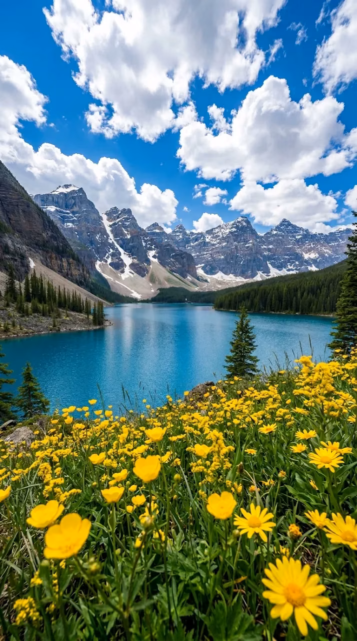 Lakeside View with Yellow Wildflowers, Deep Blue Water and Mountains - Free Mobile AMOLED Wallpaper Background