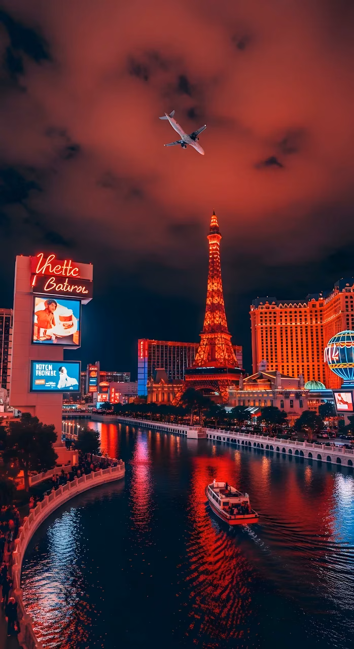 Download Las Vegas Eiffel Tower Nightscape Red Sky Airplane View Wallpaper in Mobile HD Las Vegas Eiffel Tower Nightscape Red Sky Airplane View - Free Mobile AMOLED Wallpaper Background