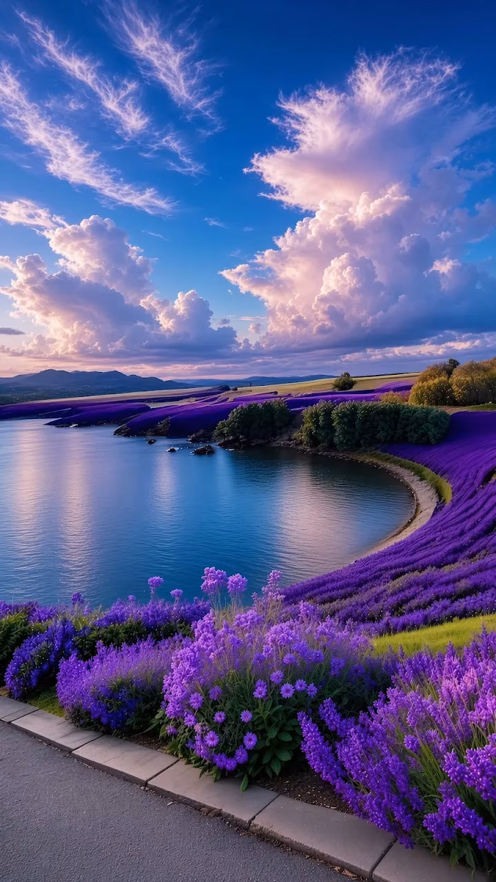 Curving purple lavender fields along a calm blue lake shore under soft pink and white clouds.