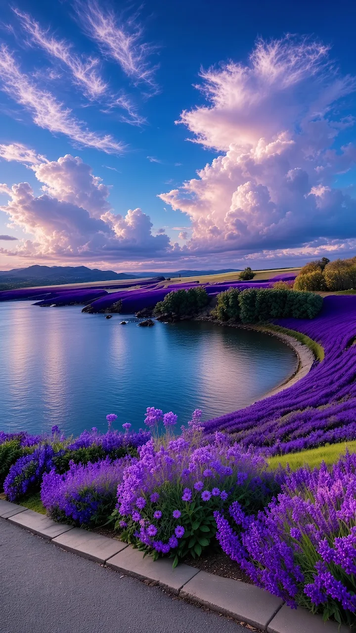 Download Lavender Lake Shore Sunset Clouds 4K Wallpaper in Mobile HD Curving purple lavender fields along a calm blue lake shore under soft pink and white clouds.