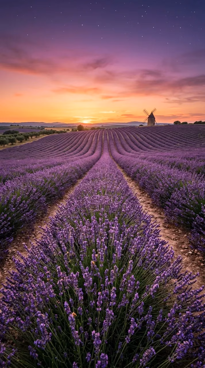 Lavender Fields at Sunset with Windmill Silhouette and First Stars - Free Mobile AMOLED Wallpaper Background