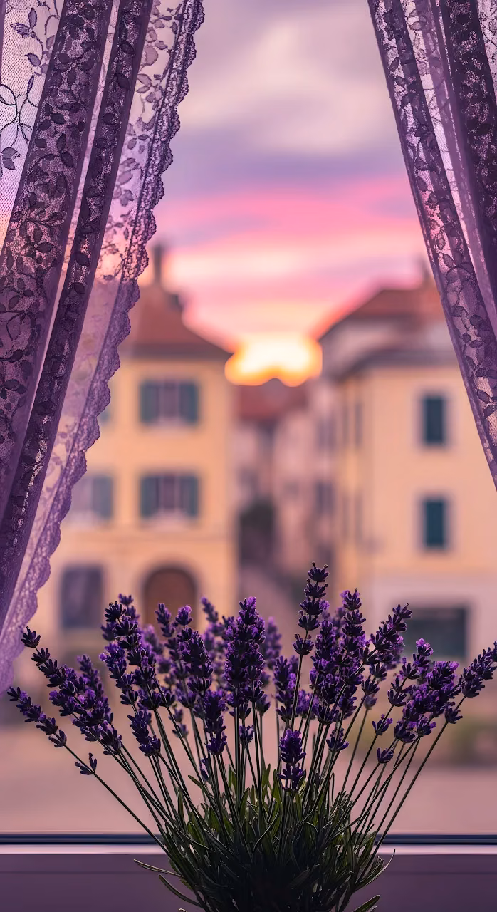 Lavender Flowers on Window Sill at Sunset with Lace Curtains - Free Mobile AMOLED Wallpaper Background