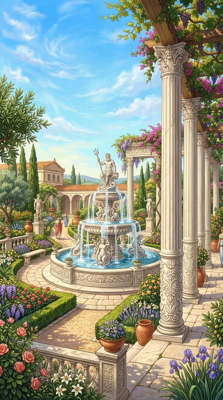 Download Lavish Roman Garden with White Marble Fountain and Fluted Columns Wallpaper in Mobile HD Lavish Roman Garden with White Marble Fountain and Fluted Columns - Free Mobile AMOLED Wallpaper Background