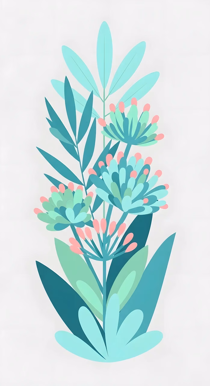 Layered Botanical Illustration in Turquoise and Coral Pink - Free Mobile AMOLED Wallpaper Background