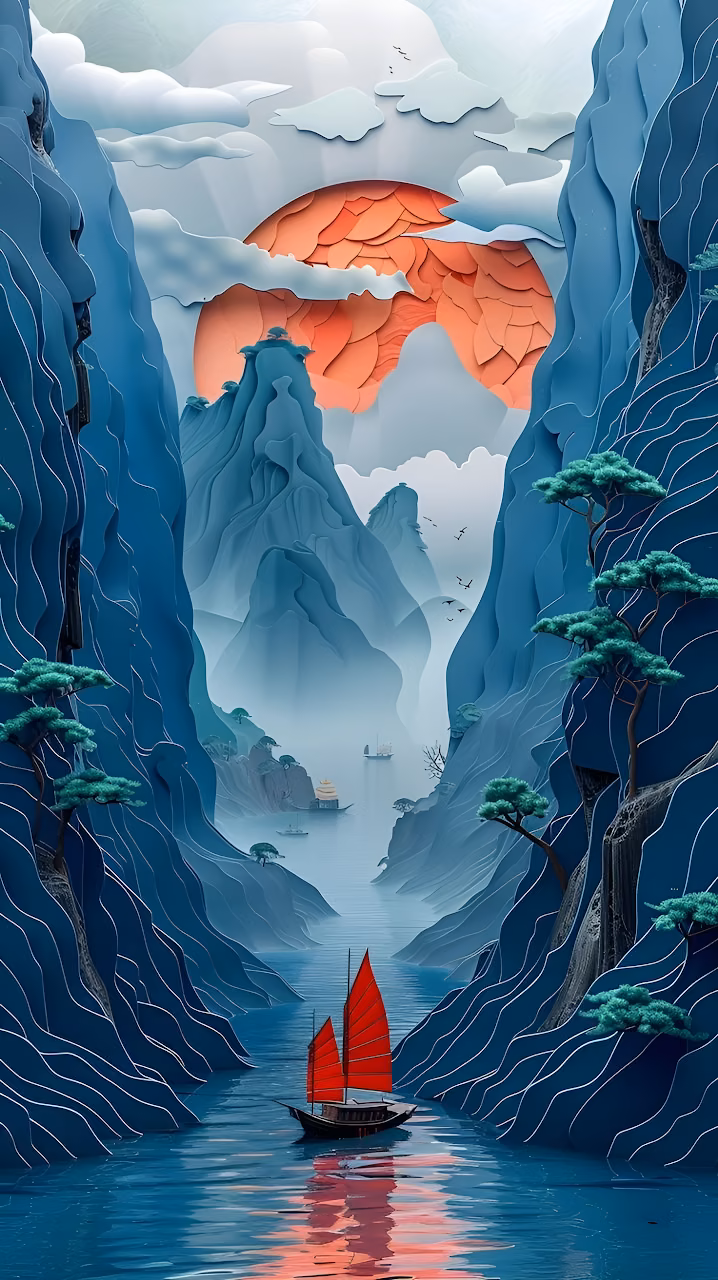 Layered Paper Art Chinese River Landscape Red Sailboat Blue Cliffs - Free Mobile AMOLED Wallpaper Background
