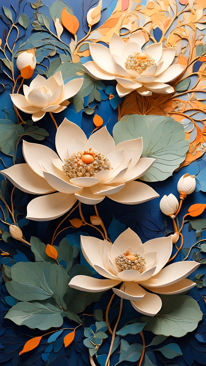 Download Layered Papercraft Lotus Flowers Blue Background Art Wallpaper in Mobile HD Layered Papercraft Lotus Flowers Blue Background Art - Free Mobile AMOLED Wallpaper Background