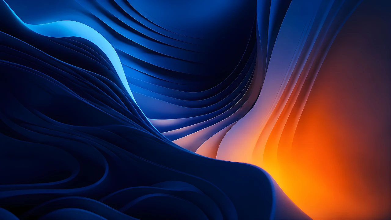 Download Layered Wave Abstract Blue Orange 4K Wallpaper in 4K UHD Smooth abstract three-dimensional curved layers in dark blue illuminated by warm orange light.