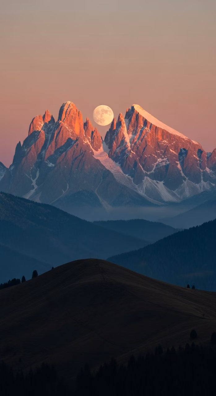 Layers of Snowy Mountains with Alpenglow and Moonrise at Dusk - Free Mobile AMOLED Wallpaper Background