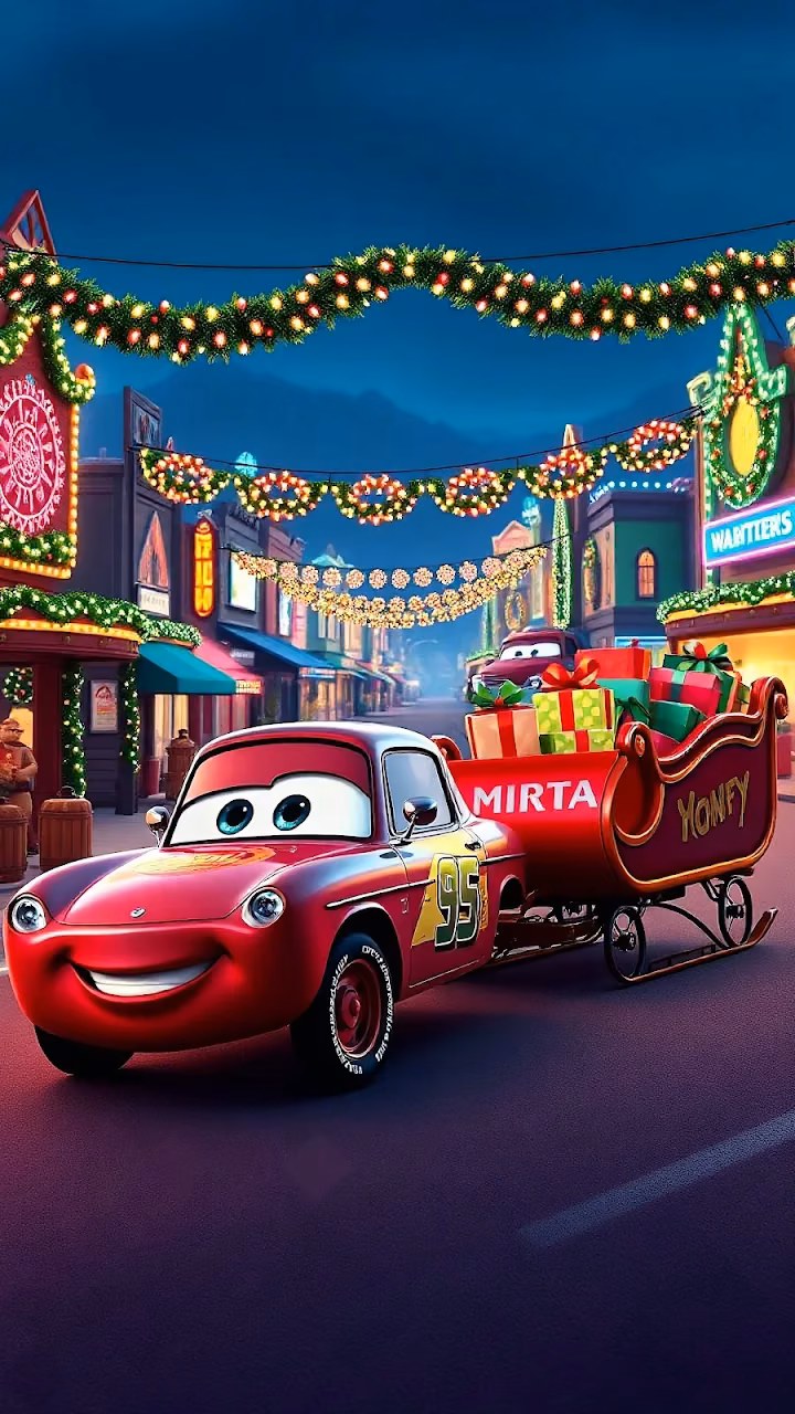 Lightning McQueen Delivering Gifts on Christmas Eve - Free Mobile AMOLED Wallpaper Background