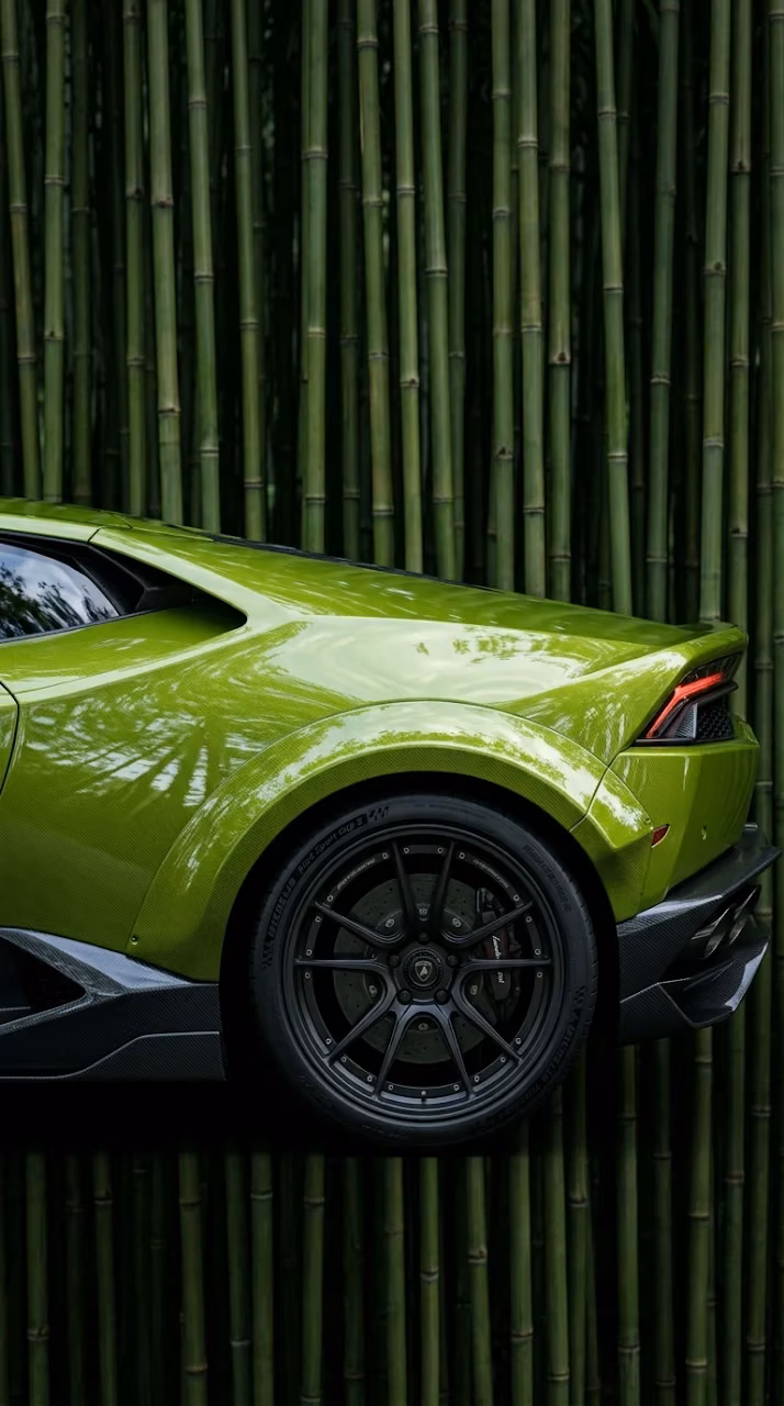 Lime Green Sports Car parked by Bamboo Stalks - Free Mobile AMOLED Wallpaper Background