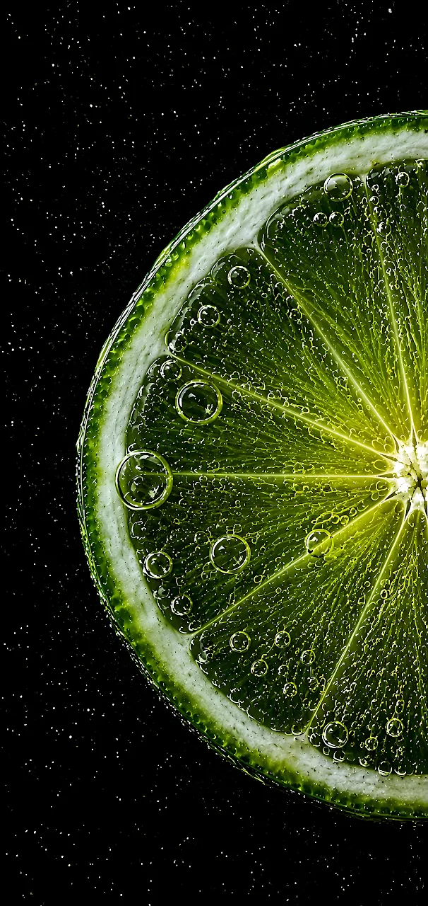 Close-up of a backlit green lime slice surrounded by sparkling bubbles on black.