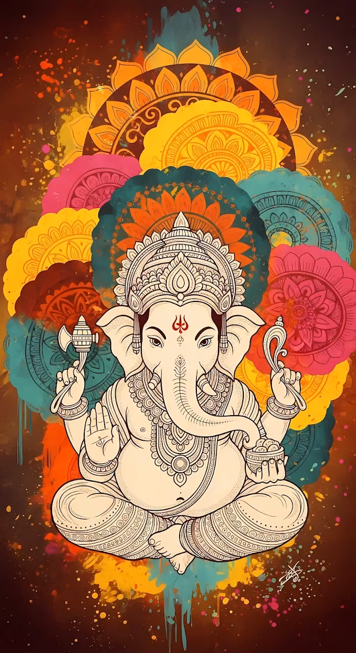 Line Art Ganesha with Vibrant Mandala Background - Free Mobile AMOLED Wallpaper Background