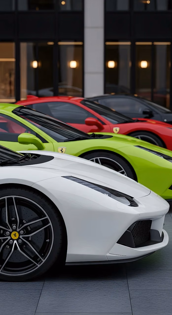 Download Lineup of Modern Ferrari Sports Cars in Vibrant Colors Wallpaper in Mobile HD Lineup of Modern Ferrari Sports Cars in Vibrant Colors - Free Mobile AMOLED Wallpaper Background