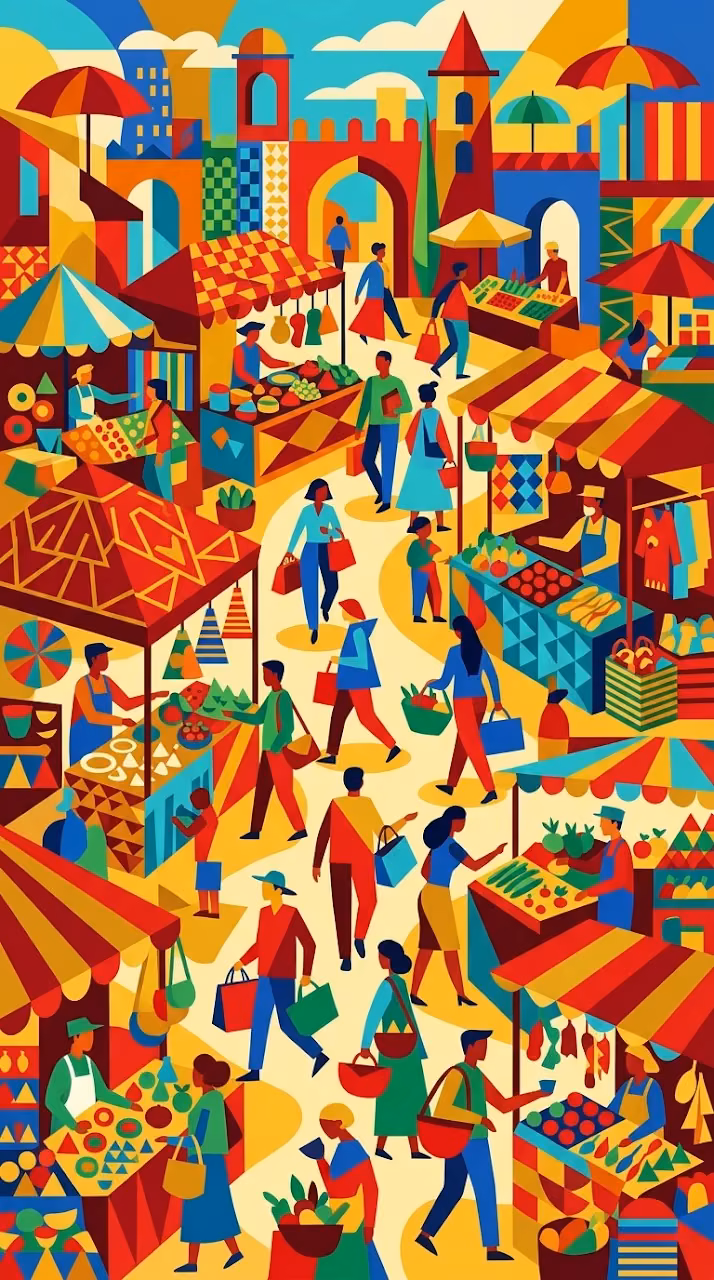 Lively Abstract Illustration of a Bustling Marketplace - Free Mobile AMOLED Wallpaper Background