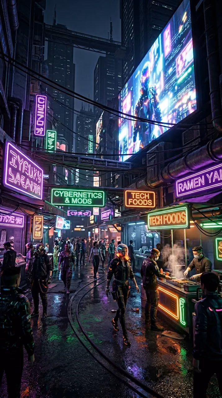 Lively Futuristic Night Market with Neon Signs and Diverse Characters - Free Mobile AMOLED Wallpaper Background